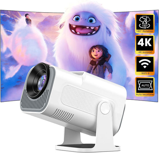 Mini Projector, Portable Projector Auto Keystone, Native 4K 1080P Smart Projector with WiFi 6, Bluetooth 5.0, Built-in Android 11.0, 10000 Lumens, Screen Adjustment, 180 Degree Rotation, White