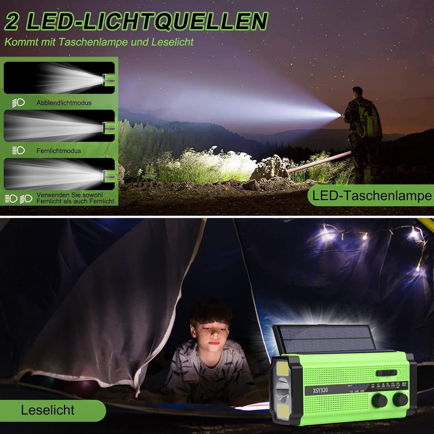 Solar Radio, AM/FM Crank Radio, Portable Emergency Radio with 5000 mAh Rechargeable Battery, 3 Modes LED Torch, LED Reading Lamp, SOS Alarm and Hand Crank Dynamo for Camping, Travel (Green)