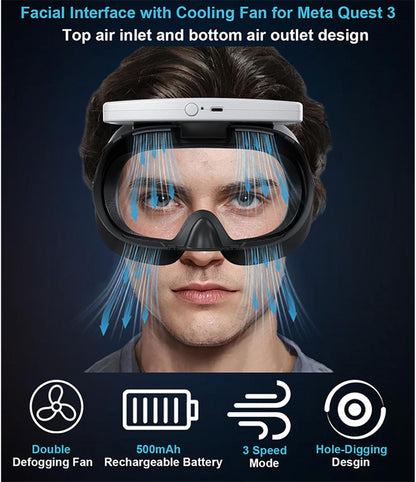 VR Dual Fan Compatible with MetaQuest 3 Air Circulation Fast Removal Anti-Fog Fitness Face Interface Bracket Face Cover Face Pad for Meta Quest 3