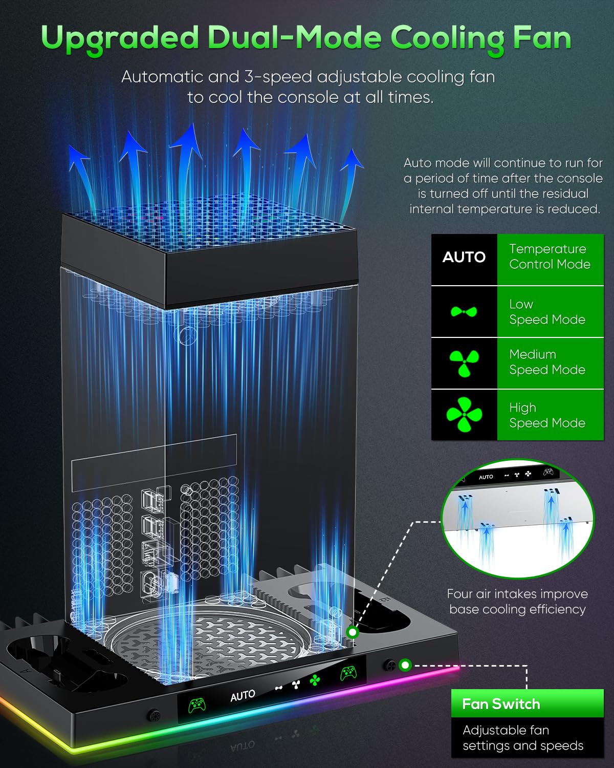 Cooling Fan & Charging Station Compatible with Xbox Series X, Dual Controller Charger Dock with RGB Light Modes, Rechargeable Battery Packs, Headset Holder & Game Storage – Black
