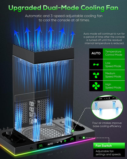 Cooling Fan & Charging Station Compatible with Xbox Series X, Dual Controller Charger Dock with RGB Light Modes, Rechargeable Battery Packs, Headset Holder & Game Storage – Black
