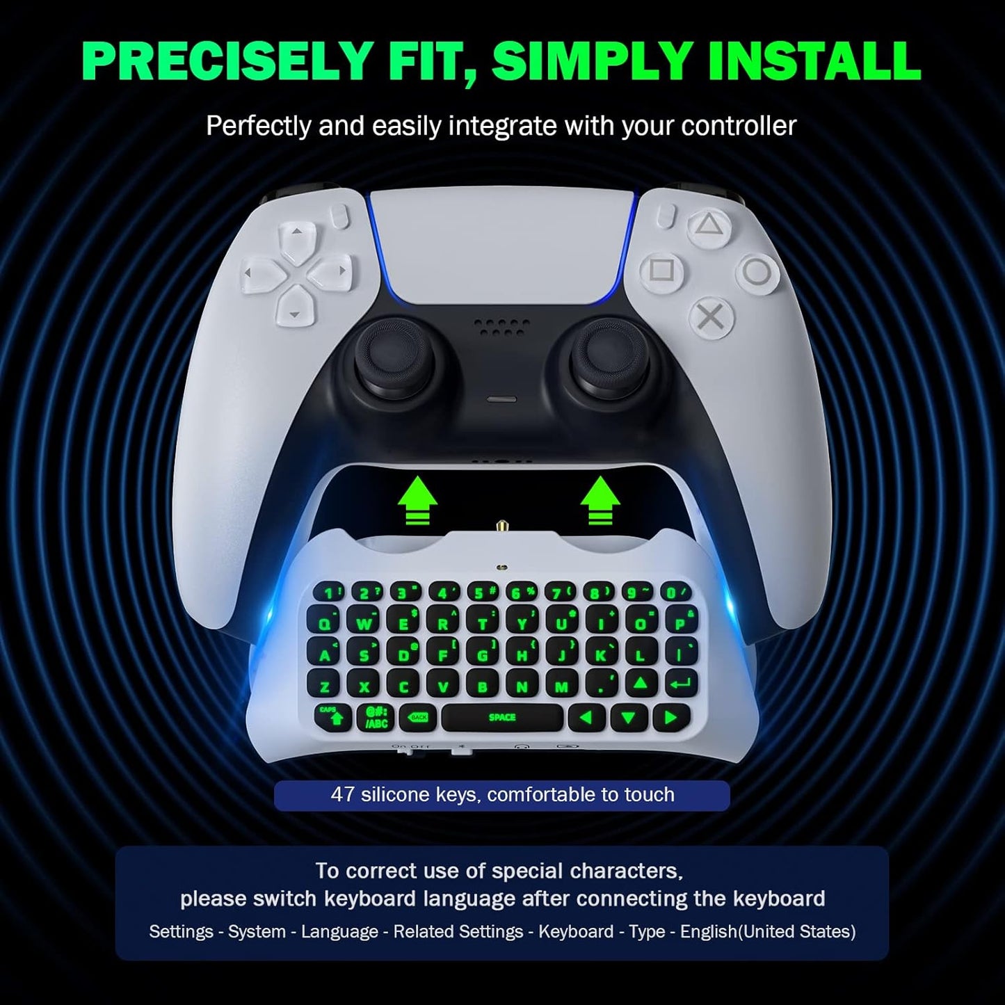 MoKo Green Backlight Keyboard for PS5 Controller, PS5 Wireless Mini Keyboard Chatpad for Playstation 5 Controller, Keypad Built-in Speaker with 3.5mm Audio Jack for Messaging and Game Live Chat, Black