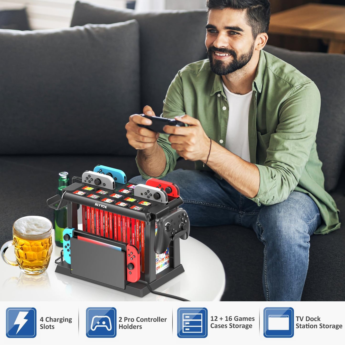Switch Games Organizer Station with Controller Charger, Charging Dock for Nintendo Switch & OLED Joycons, Kytok Switch Storage and Organiser for Games, TV Dock, Pro Controller, Accessories Kit Storage