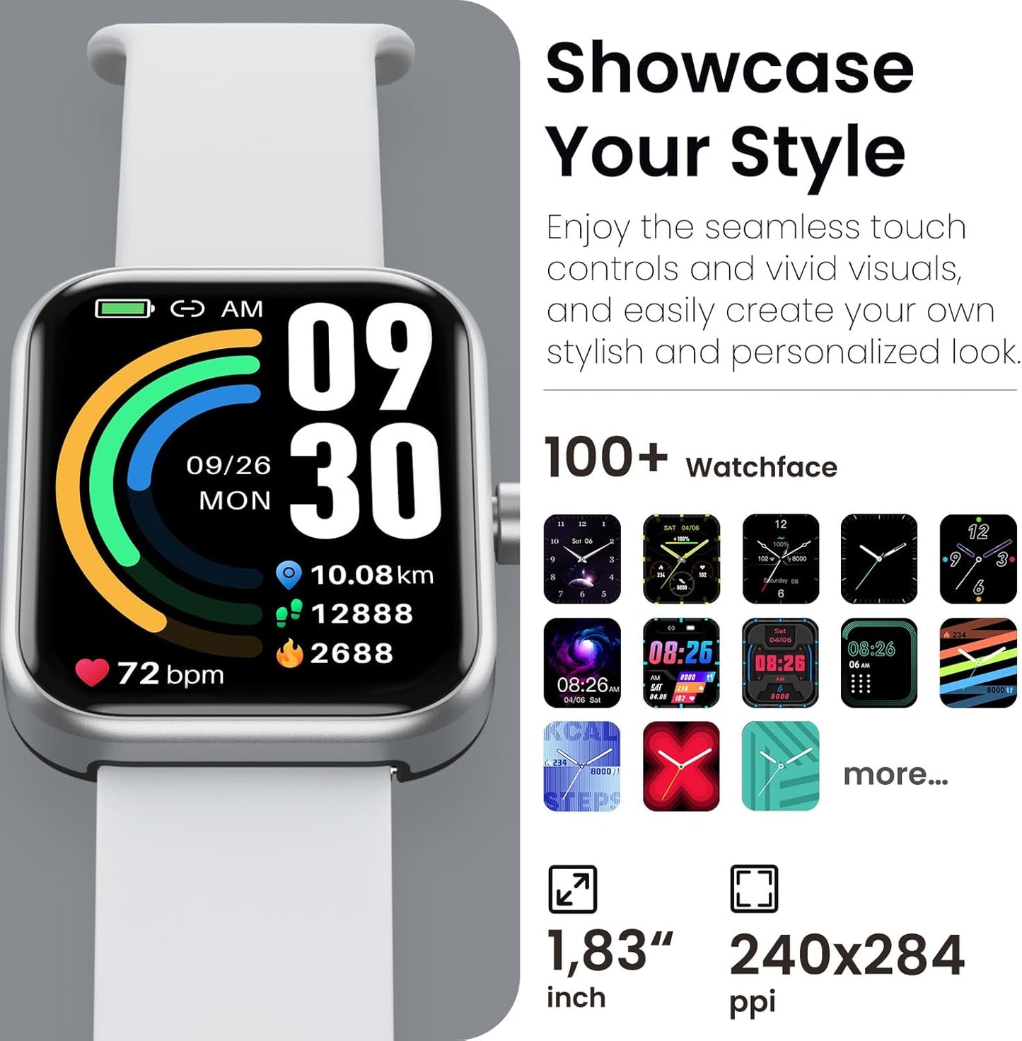 TOZO 44mm Rectangular Face Smart Watch Alexa Built-in Fitness Tracker with Heart Rate/Blood Oxygen Monitor/Sleep Monitor 5ATM Waterproof HD Touchscreen for Men Women Compatible with iPhone&Android