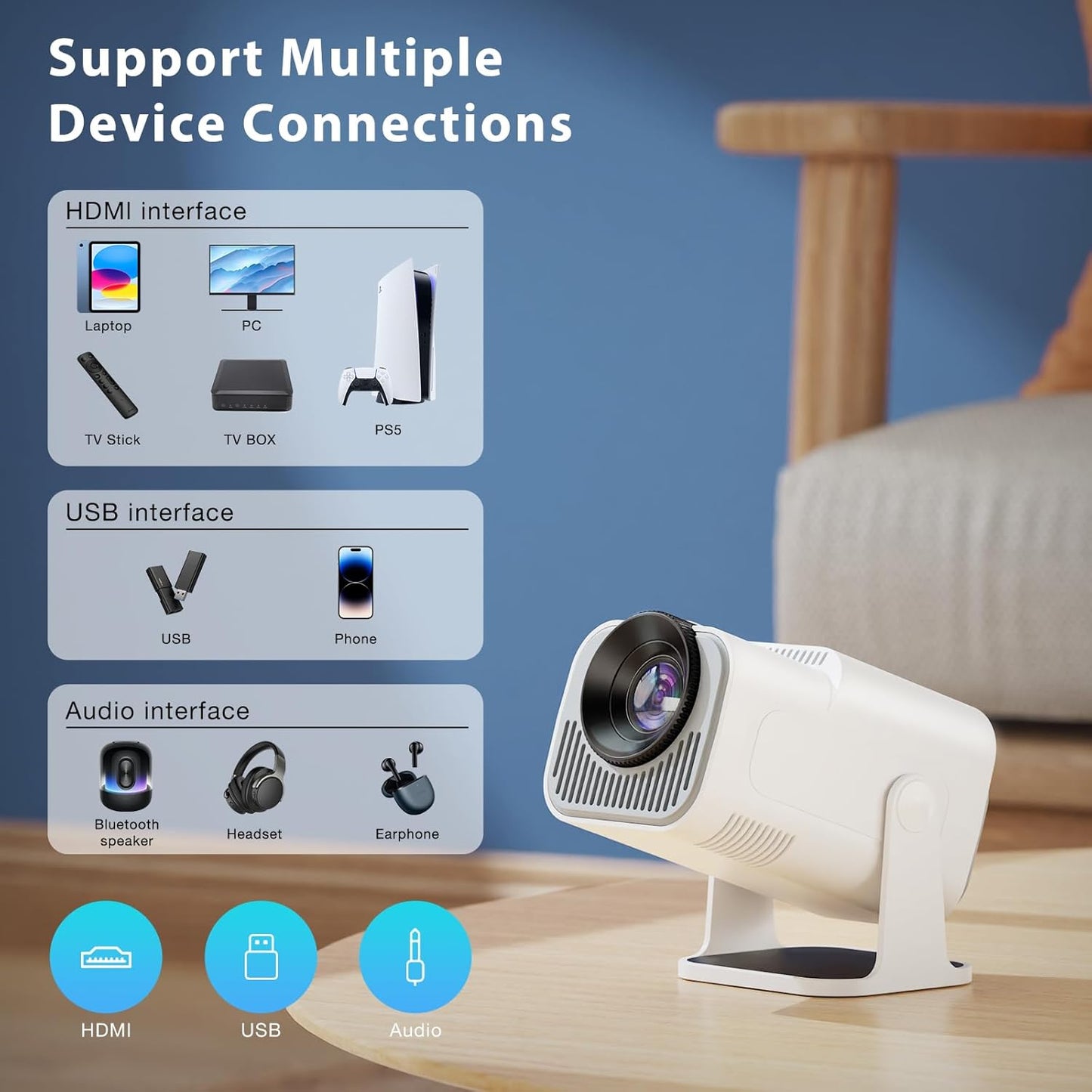 Mini Projector, Portable Projector Auto Keystone, Native 4K 1080P Smart Projector with WiFi 6, Bluetooth 5.0, Built-in Android 11.0, 10000 Lumens, Screen Adjustment, 180 Degree Rotation, White