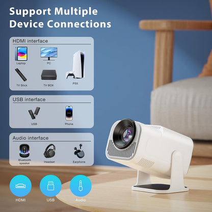 Mini Projector, Portable Projector Auto Keystone, Native 4K 1080P Smart Projector with WiFi 6, Bluetooth 5.0, Built-in Android 11.0, 10000 Lumens, Screen Adjustment, 180 Degree Rotation, White