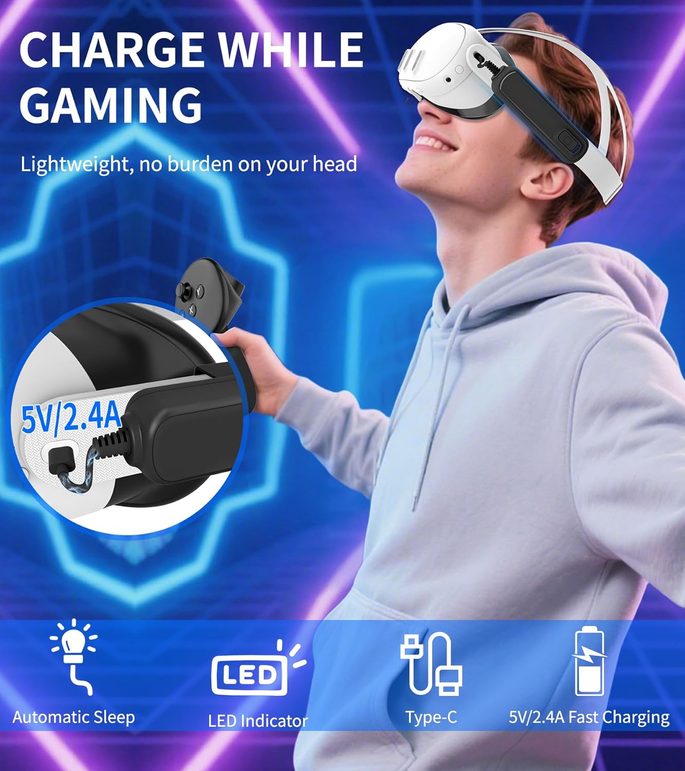 Battery Pack for Meta/Oculus Quest 3s/3/2, 5000mAh Power Bank for Extended VR Playtime, Lightweight & Fast Charging VR Headset Accessories Compatible with Meta Quest Original Straps