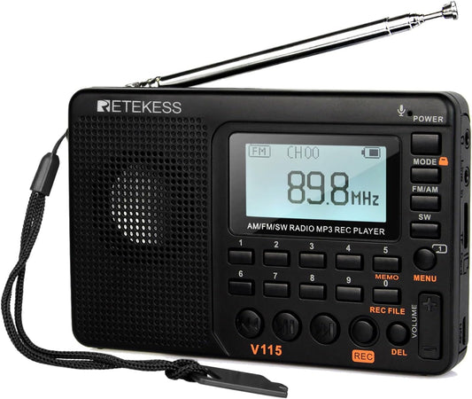 Retekess V115 Digital Radio AM FM, Portable Shortwave Radios, Rechargeable Digital Tuner and Presets, Support Micro SD and AUX Record, Bass Speaker Black