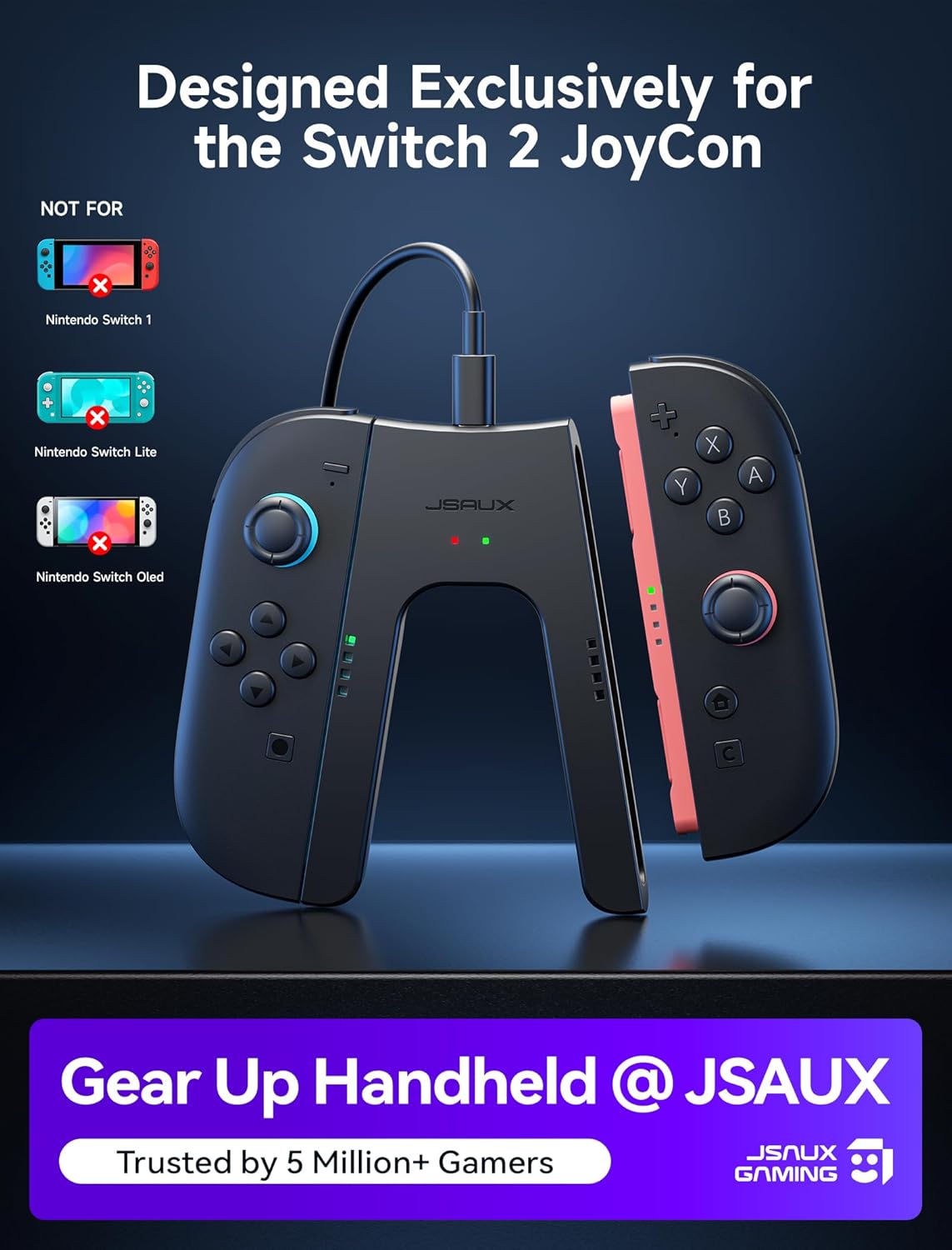 JSAUX Switch 2 Charging Grip for Nintendo Switch 2, snap-fit Grip Controller Compatible with Switch 2 Joycons, Play While Charging with LED Indicator& 1.5m/4.9ft Charger Cable-Black
