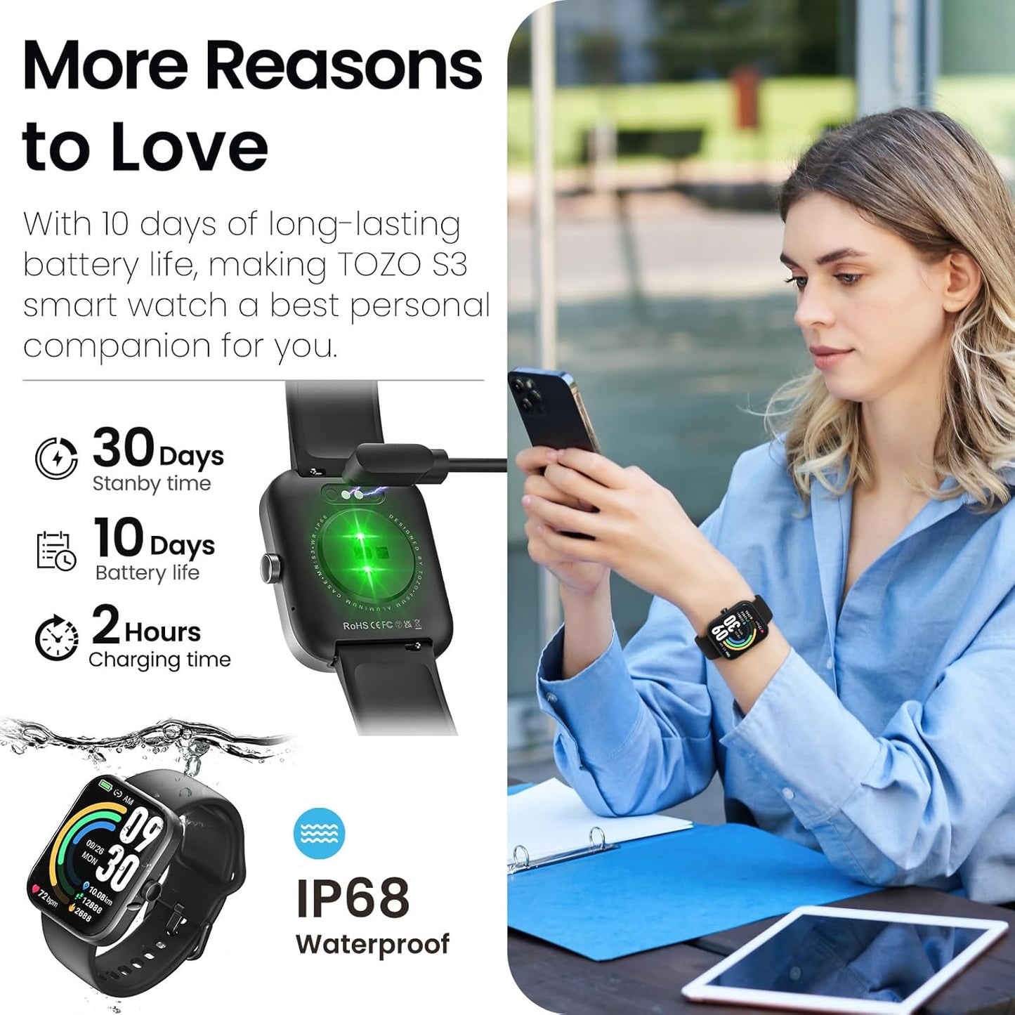 TOZO 44mm Rectangular Face Smart Watch Alexa Built-in Fitness Tracker with Heart Rate/Blood Oxygen Monitor/Sleep Monitor 5ATM Waterproof HD Touchscreen for Men Women Compatible with iPhone&Android
