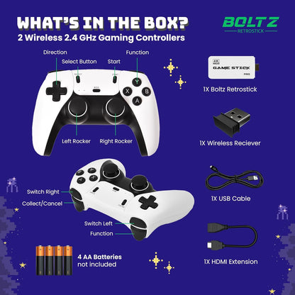 Boltz Retro Stick Gaming Stick – Retro handheld model with 40,000+ Classic Video Games, 9 Emulators, 128GB Storage, Plug & Play 4K HDMI Output, Includes 2 Wireless 2.4GHz Controllers