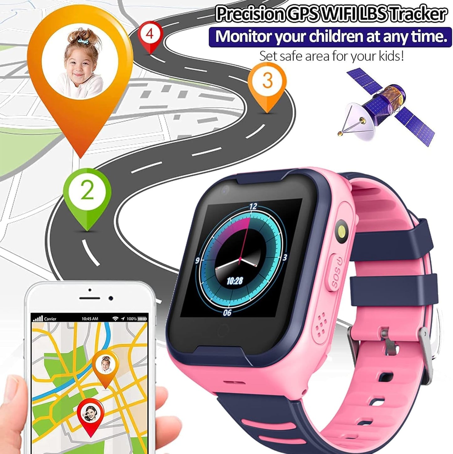 Kids 4G GPS Smart Watch, Waterproof Phone Smartwatch, Worldwide Real-time Tracking Video Phone Call Camera SOS Alarm Geo-Fence Touch Screen Pedometer Anti-Lost GPS Tracker Watch for Birthday Gift