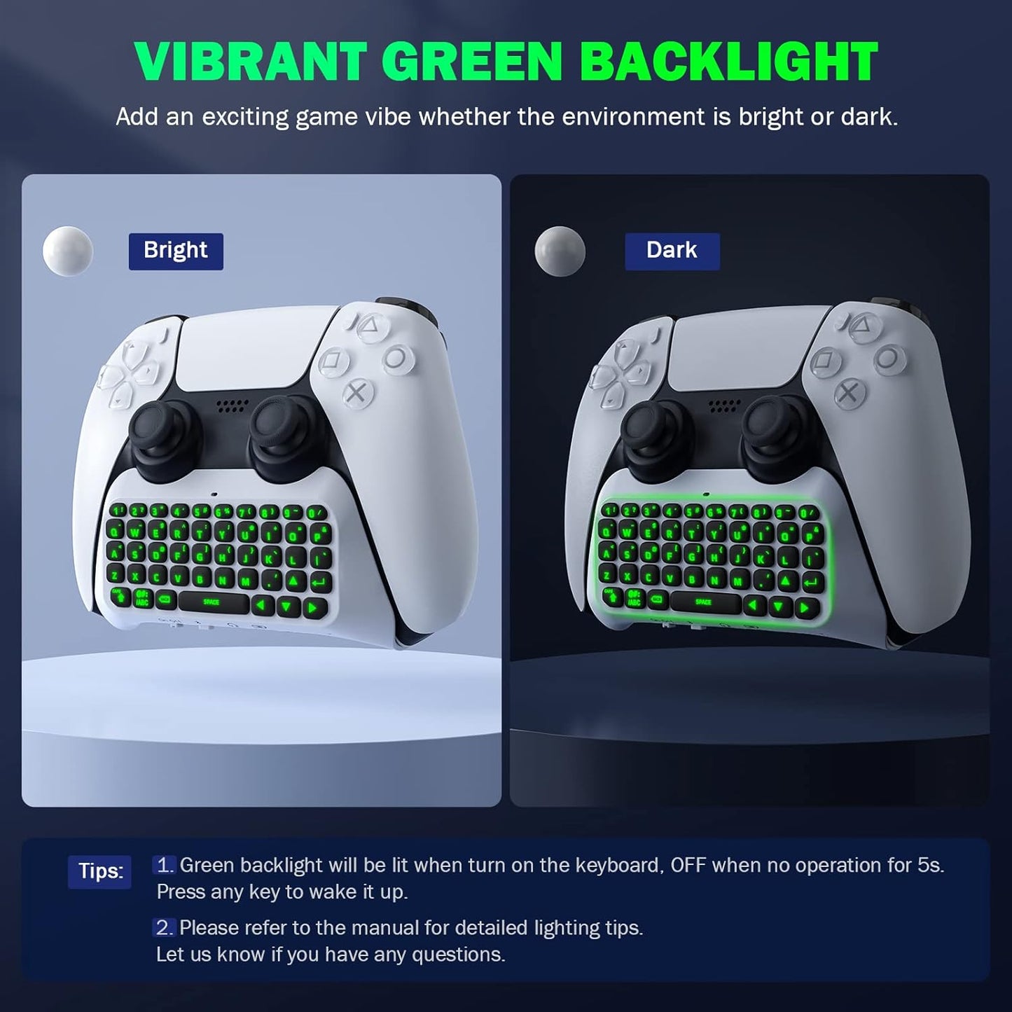 MoKo Green Backlight Keyboard for PS5 Controller, PS5 Wireless Mini Keyboard Chatpad for Playstation 5 Controller, Keypad Built-in Speaker with 3.5mm Audio Jack for Messaging and Game Live Chat, Black