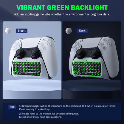 MoKo Green Backlight Keyboard for PS5 Controller, PS5 Wireless Mini Keyboard Chatpad for Playstation 5 Controller, Keypad Built-in Speaker with 3.5mm Audio Jack for Messaging and Game Live Chat, Black