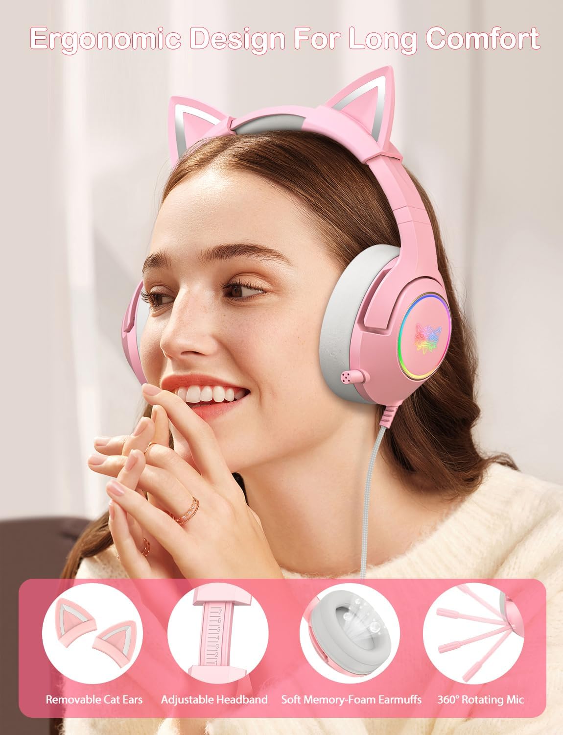 Gaming Headset for PS4, PS5, Cat Ear Headphones with Retractable Microphone, RGB Backlight, Surround Sound for PC, Mobile Phone, Gradient Pink Blue