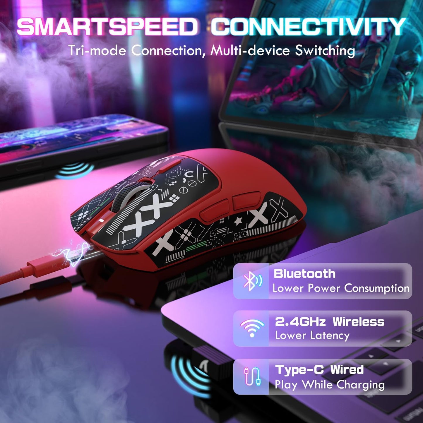 ATTACK SHARK X1 Ultralight Wireless Gaming Mouse with snap-fit RGB Charging Dock,Anti Slip Grip Tape,PixArt PAW3395 Pro Sensor,40000DPI,BT/2.4Ghz/Wired,Optical Micro Switch for PC Mac Gamer(Black)