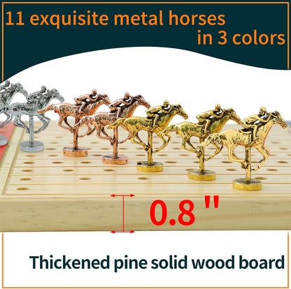 21 inches Horse Racing Board Game Solid Wood with 11 Luxury Metal Horses Thickened Pine Finish LINE Race Game Chessboard Including 2 Sets of dice and 2 Boxes of Cards (Log Color)