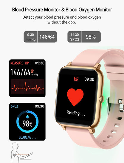 Smart Watch for Women Men, Popglory Smartwatch with Blood Pressure, Blood Oxygen, Sleep Monitor, Fitness Tracker with Heart Rate Tracking/Pedometer/Calories, Full Touch Fitness Watch for Android iOS