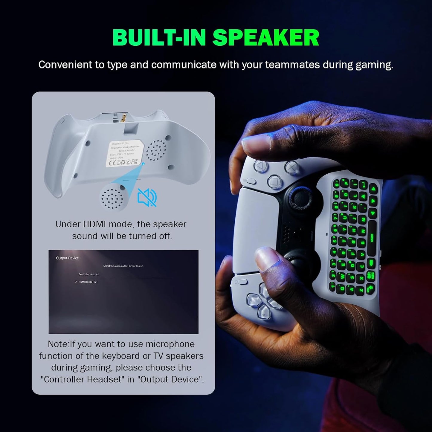 MoKo Green Backlight Keyboard for PS5 Controller, PS5 Wireless Mini Keyboard Chatpad for Playstation 5 Controller, Keypad Built-in Speaker with 3.5mm Audio Jack for Messaging and Game Live Chat, Black
