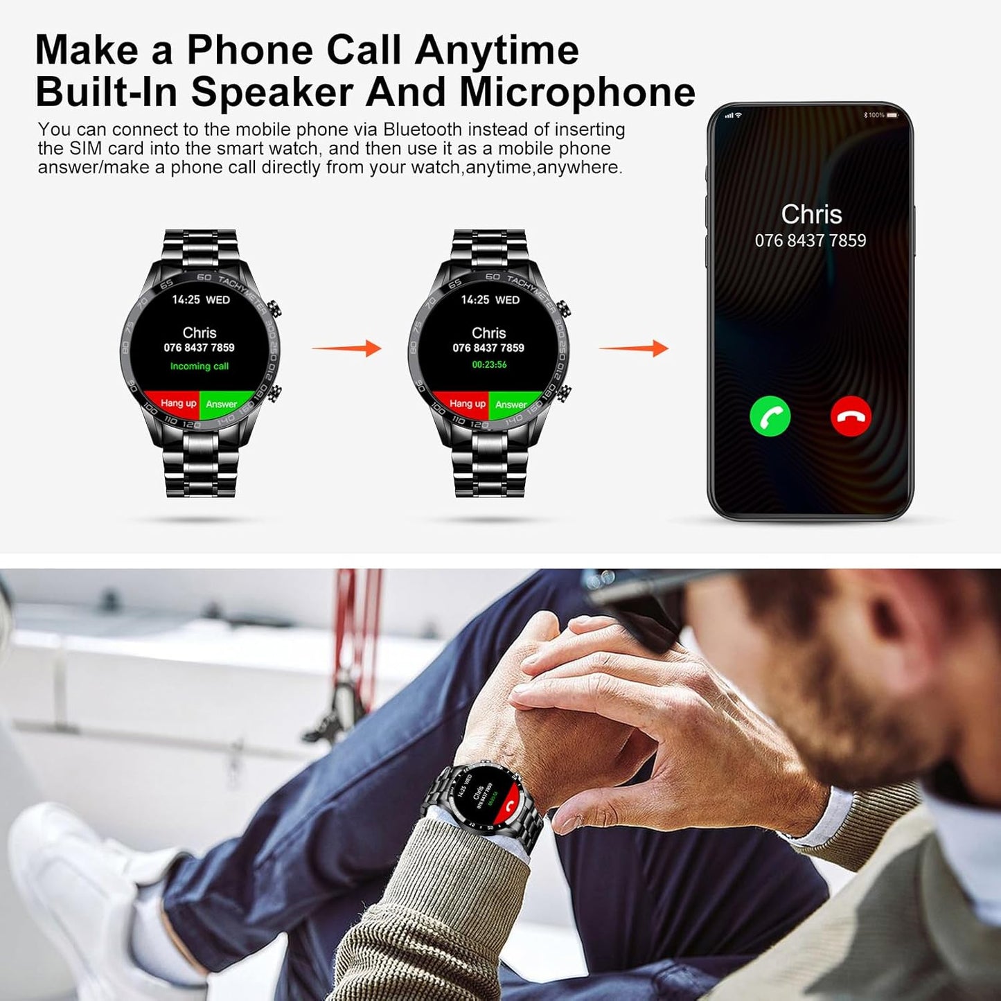 FILIEKEU Men Smart Watch for Android iOS, Bluetooth Calls Voice Chat with Heart Rate/Sleep Monitor Fitness Tracker, 1.3" Full Touch Screen IP67 Waterproof Stainless Steel Activity Tracker for Men,