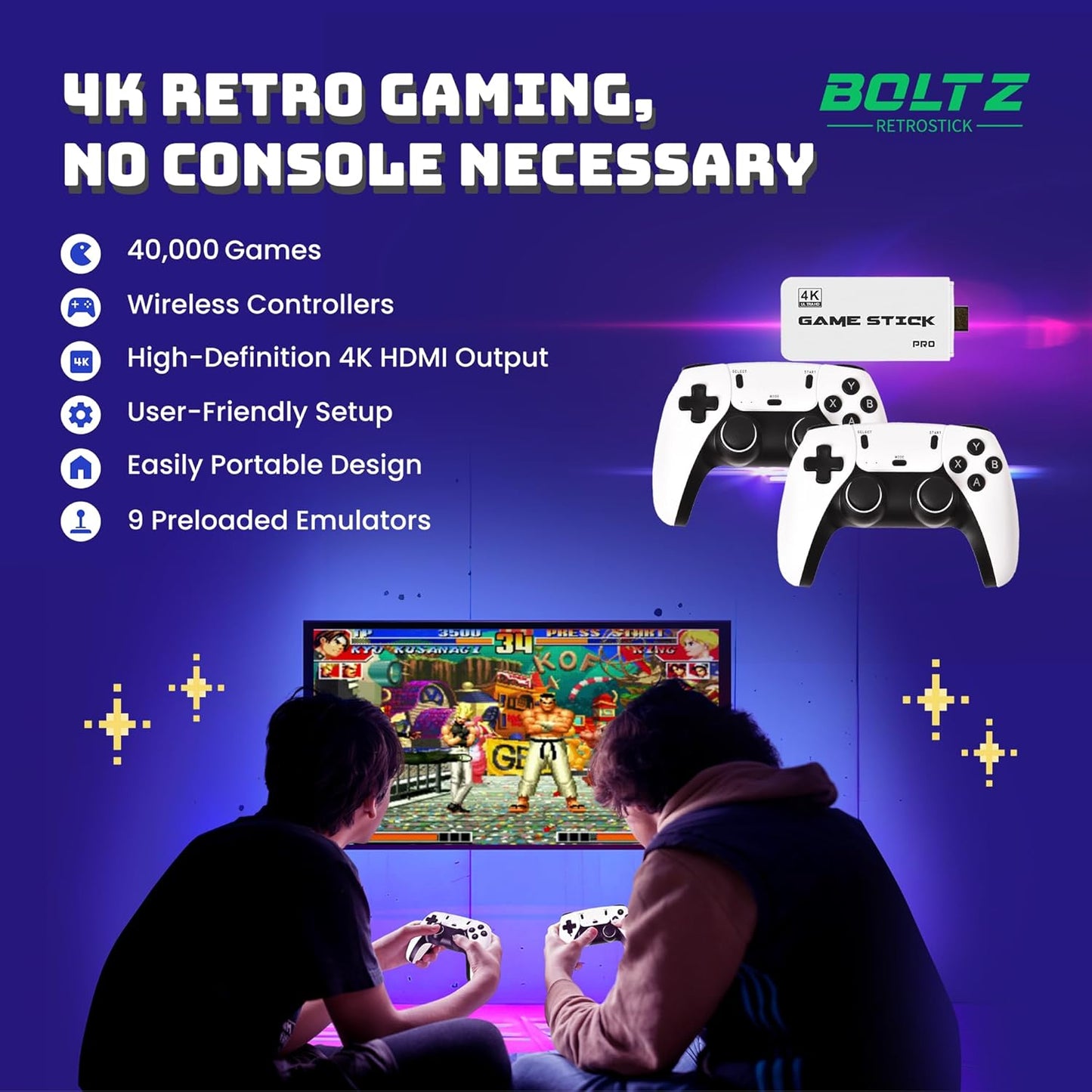 Boltz Retro Stick Gaming Stick – Retro handheld model with 40,000+ Classic Video Games, 9 Emulators, 128GB Storage, Plug & Play 4K HDMI Output, Includes 2 Wireless 2.4GHz Controllers
