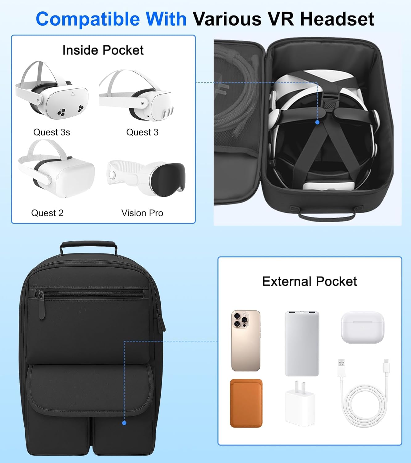 Silicone Cover Set Compatible with Meta/Oculus Quest 3 Accessories, Large Carrying Case for Meta Oculus Quest 3s/3/2, for BOBOVR/Kiwi Battery Head Strap