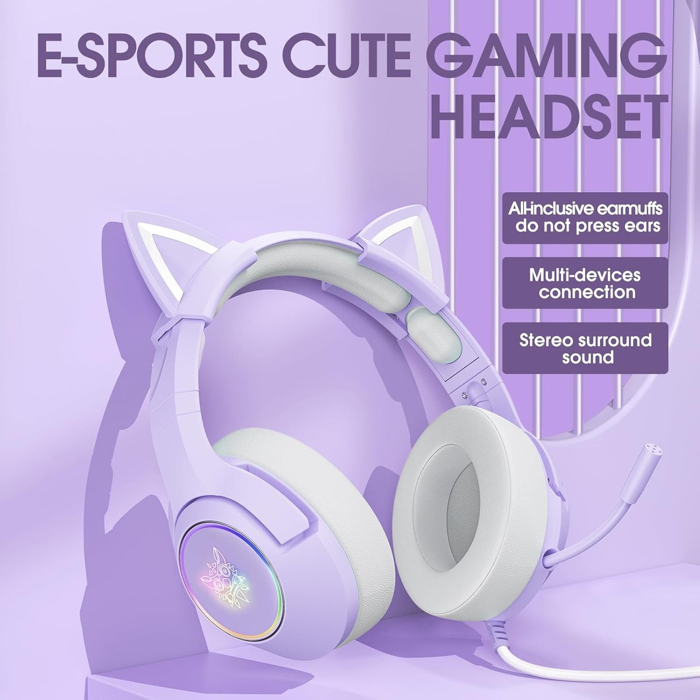 Gaming Headset for PS4, PS5, Cat Ear Headphones with Retractable Microphone, RGB Backlight, Surround Sound for PC, Mobile Phone, Gradient Pink Blue
