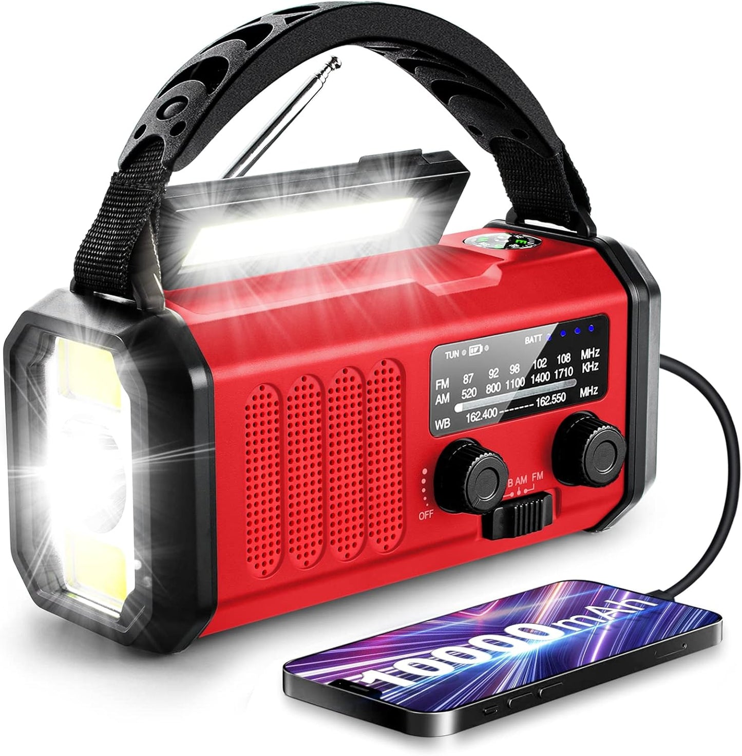 Emergency Solar Crank Radio, 10000mAh NOAA/AM/FM Weather Radio, USB Type-C Charging, Polymer Battery, Torch & LED Reading Light, SOS Alarm, Compass for Camping