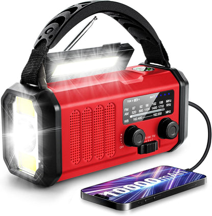 Emergency Solar Crank Radio, 10000mAh NOAA/AM/FM Weather Radio, USB Type-C Charging, Polymer Battery, Torch & LED Reading Light, SOS Alarm, Compass for Camping
