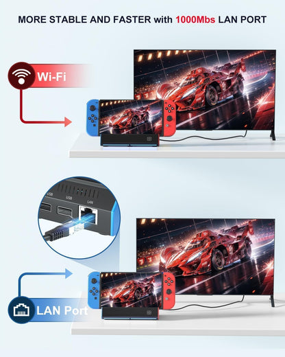 ZONEY Switch TV Dock with 1000Mbps Ethernet LAN Port/4K HDMI Port, Portable Switch Docking Station for Nintendo Switch/Switch OLED, Replacement Official Switch Dock Base Stand (Black with LAN Port)