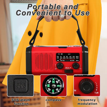 Emergency Solar Crank Radio, 10000mAh NOAA/AM/FM Weather Radio, USB Type-C Charging, Polymer Battery, Torch & LED Reading Light, SOS Alarm, Compass for Camping