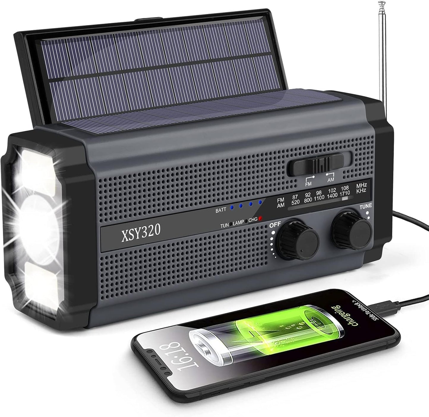Solar Radio, AM/FM Crank Radio, Portable Emergency Radio with 5000 mAh Rechargeable Battery, 3 Modes LED Torch, LED Reading Lamp, SOS Alarm and Hand Crank Dynamo for Camping, Travel (Green)