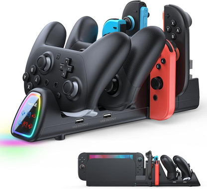 Charging Dock Compatible with Nintendo Switch Pro Controllers and Joy-Con Controllers, Multifunction Charging Stand with 2 USB 2.0 Ports, Black