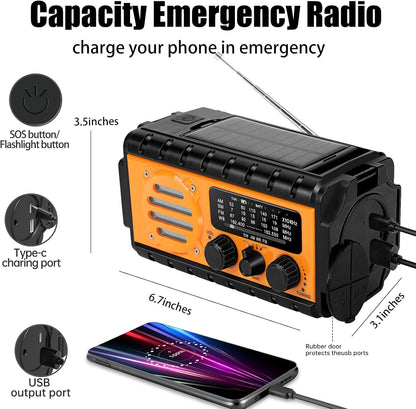 20000mAh/74000mWh Emergency Hand Crank Radio with LED Flashlight, SW/AM/FM NOAA Portable Weather Alert Radio, Solar Powered Radio with Phone Charger, USB Charged, SOS Alarm, Compass