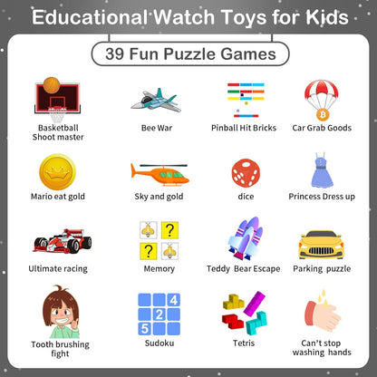 Phyulls Smart Watch for Kids, Smart Watch Toys with 39 Games Camera Video Recorder Music Alarm Calculator Calendar Flashlight Stopwatch Pedometer Gift Toys for 3-12 Years Old Boys and Girls (Black)