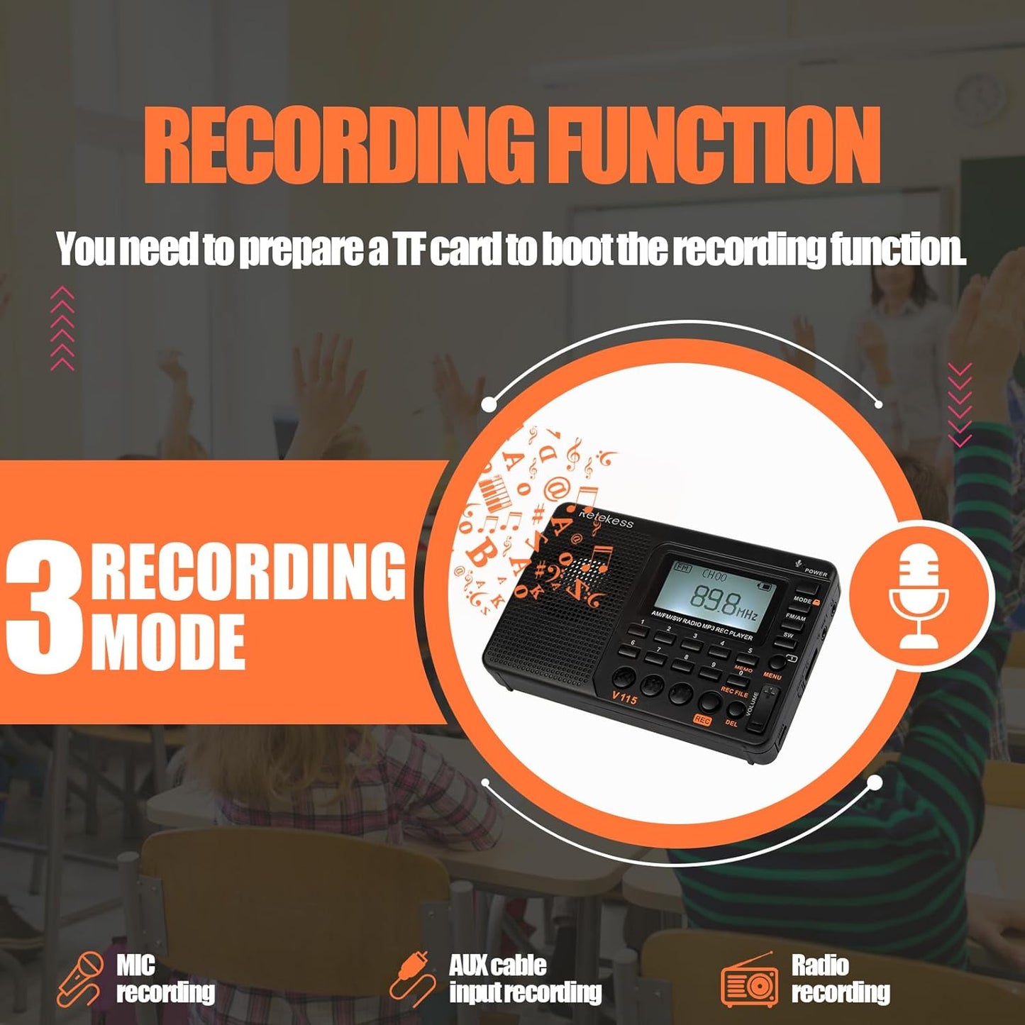 Retekess V115 Digital Radio AM FM, Portable Shortwave Radios, Rechargeable Digital Tuner and Presets, Support Micro SD and AUX Record, Bass Speaker Black