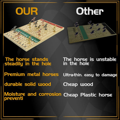 Horse Racing Board Game Solid Wood with 11 Luxury Metal Horses Thickened Pine Finish LINE Race Game Chessboard Including 2 Sets of dice and 2 Boxes of Cards(Log Color)
