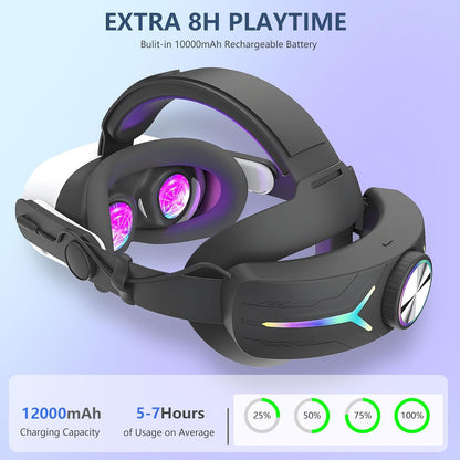 Upgraded RGB Lighted Head Strap with Battery 12000mAh for Meta Quest 3/3s Accessories, Quick Charge for Extended Playtime, to Reduce Facial Stress, Adjustable Elite Strap (White)