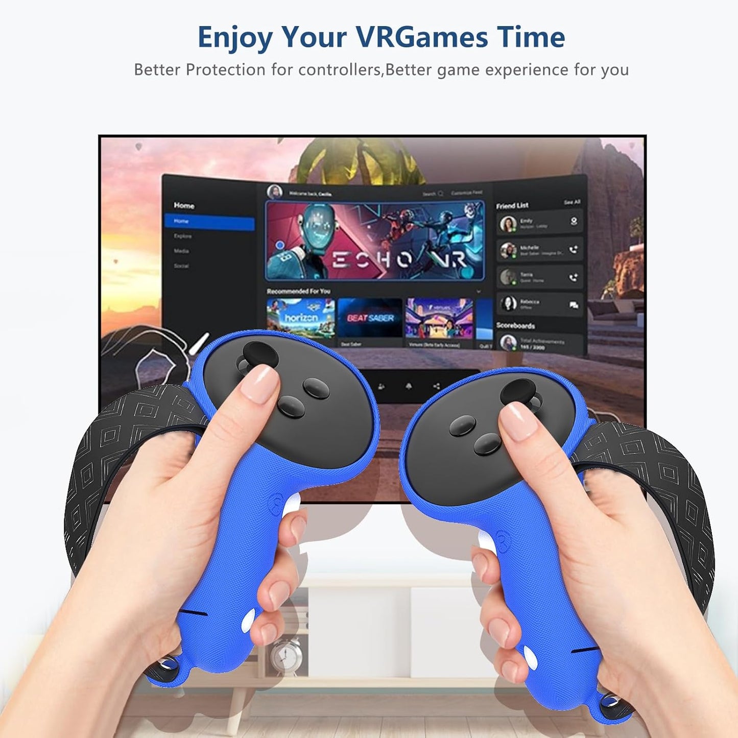 7-in-1 Protective Silicone Cover Set for Meta Quest 3s Accessories, Included Battery Opening Controller Grips, VR Silicone Face Cover and Shell Cover_(Stripe-Blue)