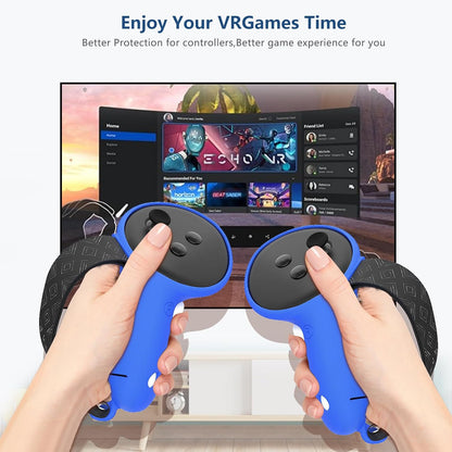 7-in-1 Protective Silicone Cover Set for Meta Quest 3s Accessories, Included Battery Opening Controller Grips, VR Silicone Face Cover and Shell Cover_(Stripe-Blue)