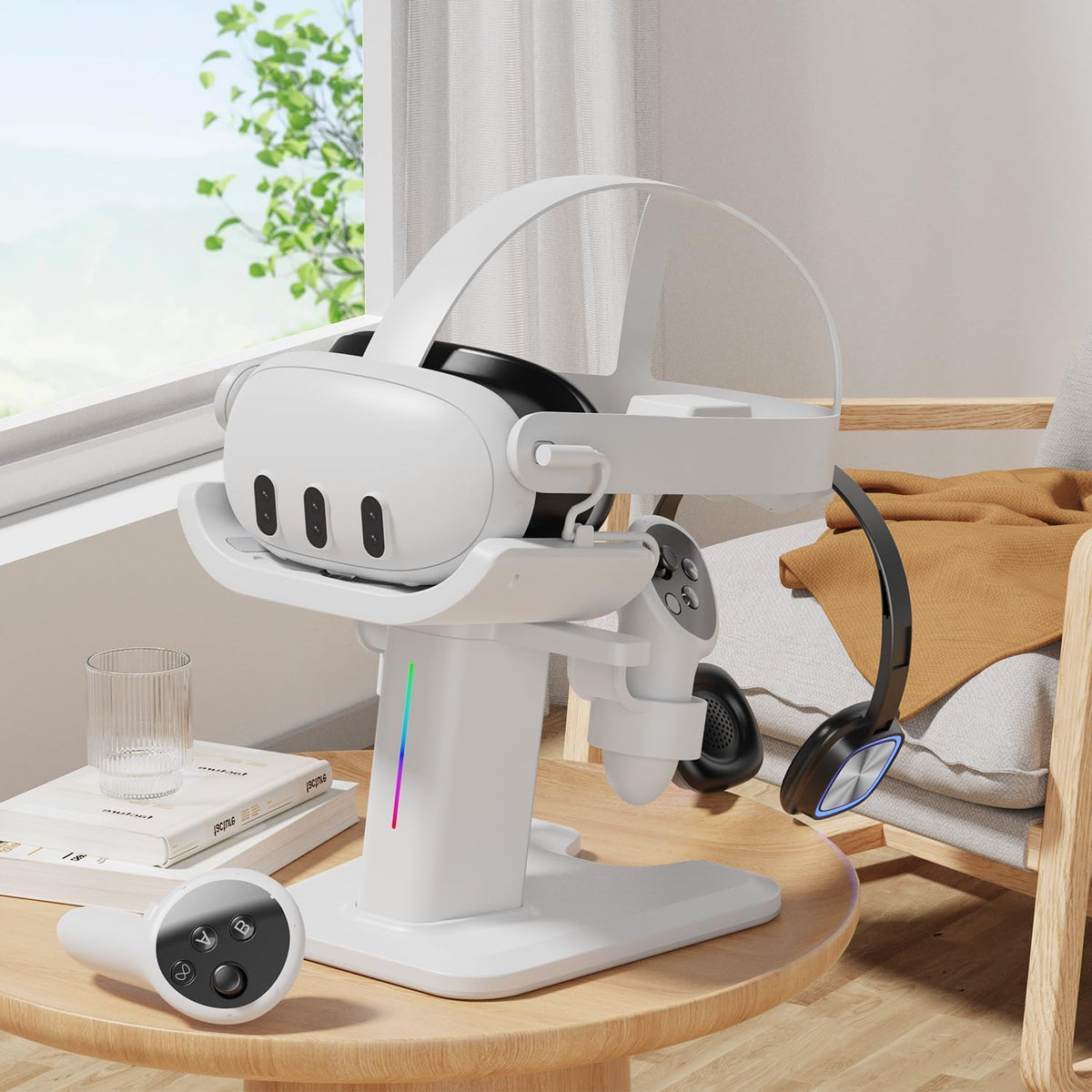 RGB Charging Dock and Vertical Stand for Quest 3S, Quest 3, Quest 2 and Quest Pro, VR Headset Controller Charging Station, White