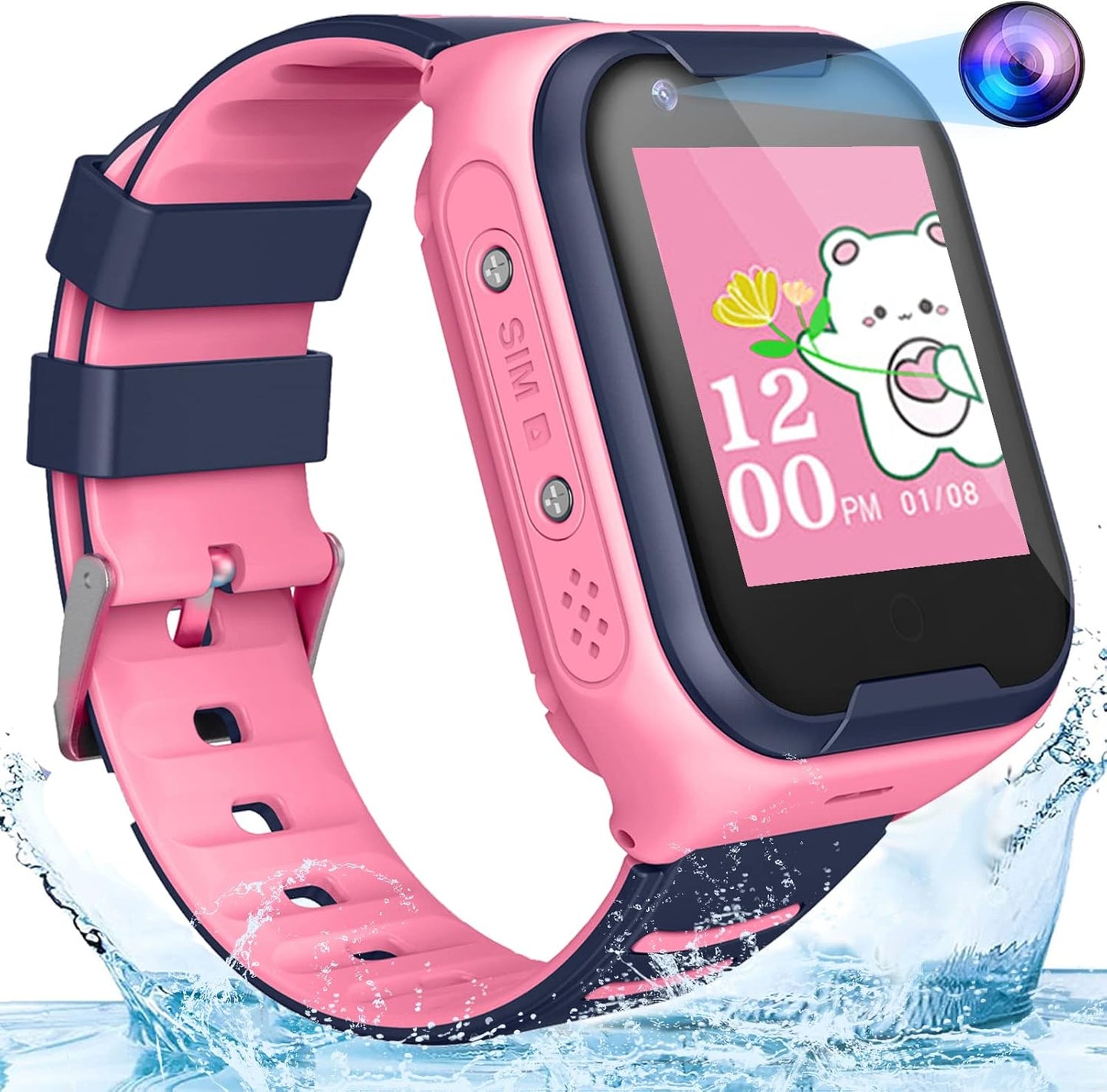 Kids 4G GPS Smart Watch, Waterproof Phone Smartwatch, Worldwide Real-time Tracking Video Phone Call Camera SOS Alarm Geo-Fence Touch Screen Pedometer Anti-Lost GPS Tracker Watch for Birthday Gift