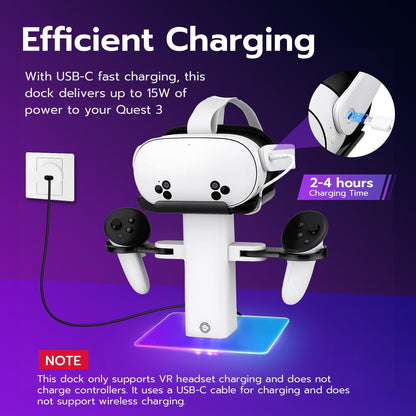 Mcbazel RGB Charging Dock for Meta Quest 3S/3/2, 15W Fast Vertical Charging Stand with Colorful LED Light & Non-Slip Base, USB-C VR Headset Charging Station (Not for Controllers)