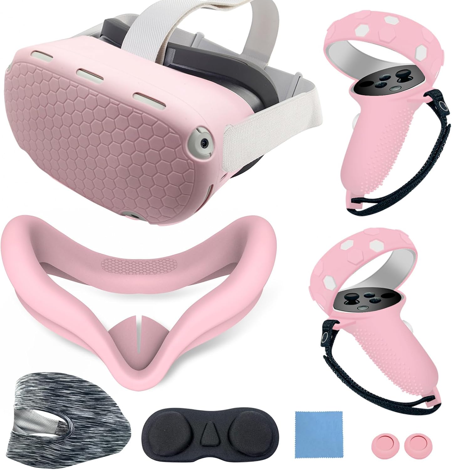 Silicone Protective Cover Set for Meta Quest 2, Red Shell Cover with Controller Grips, Face Cover, Lens Cover, Eye Cover, 9-Piece Accessory Kit (Pink)