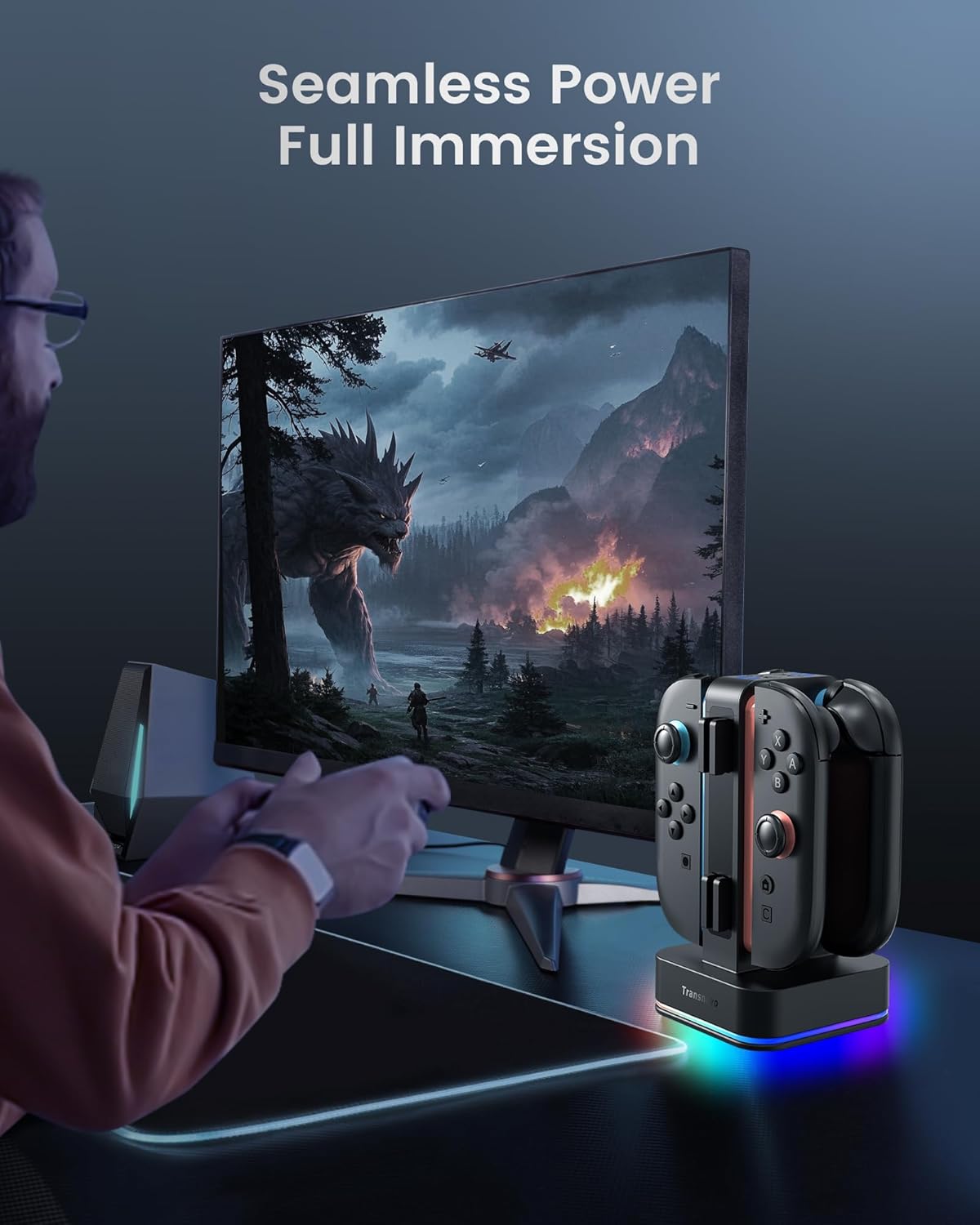 Switch 2 Controller Charger for Joy-Cons 2, 4-in-1 snap-fit Charging Dock for Nintendo Switch 2 Controller 9 RGB Light Modes, USB C Charging Cable Included, Switch 2 Accessories