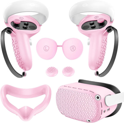 Silicone Protective Cover Set for Meta Quest 2, Pink VR Headset Shell with Controller Grips, Lens Cover, Face Cover, Thumbstick Caps, Anti-Shock Full Protection Accessories Kit (Dark Green)