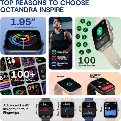 OCTANDRA Inspire VeryFit 1.95" Bluetooth Answer Call Alexa Smart Watch Body Energy Heart Rate HRV Oxygen Saturation Sleep Monitor Step Tracker IP68 Fitness Watches for Men Women (IDW16) (Pink)