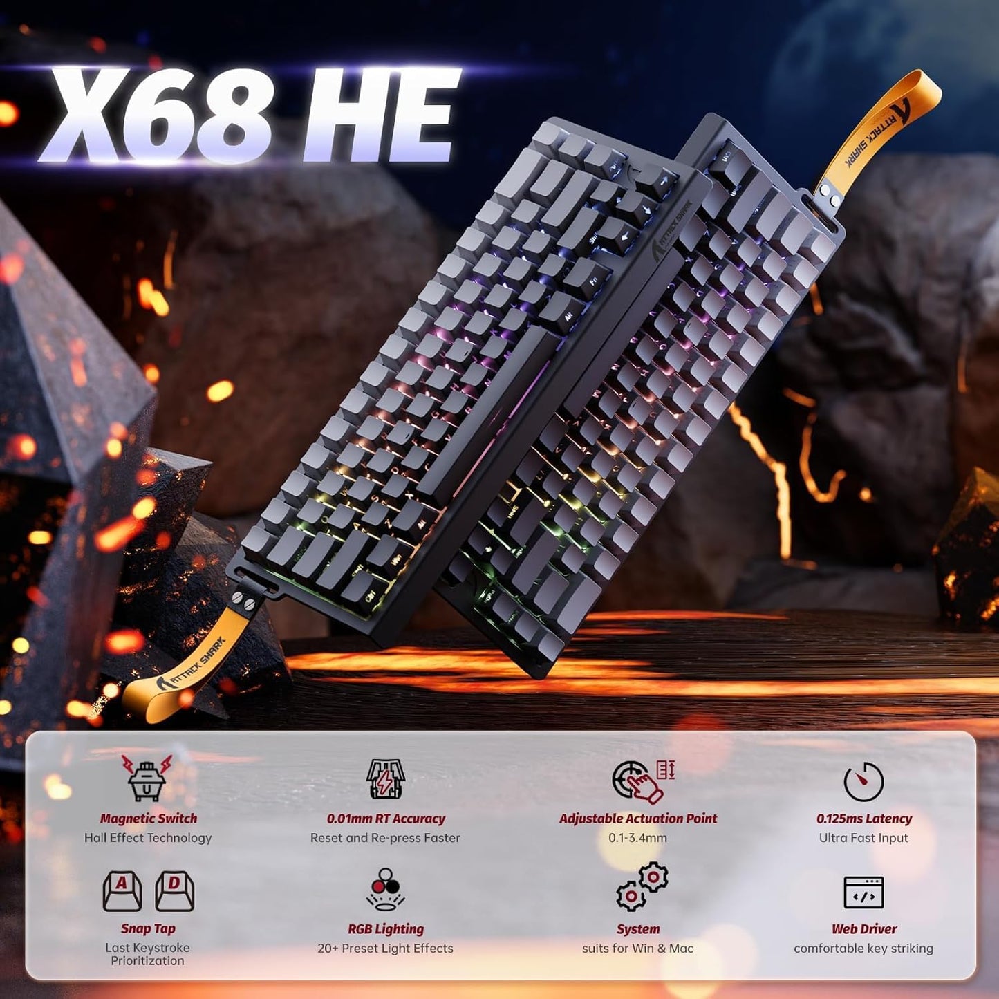 ATTACK SHARK X68 HE Rapid Trigger Mechanical Gaming Keyboard 60% Wired TKL with Adjustable Actuation,Hall Effect snap-fit Switch,8KHz Polling Rate,RGB Backlit,Top Mount for PC Mac Esport Gamer(Black)