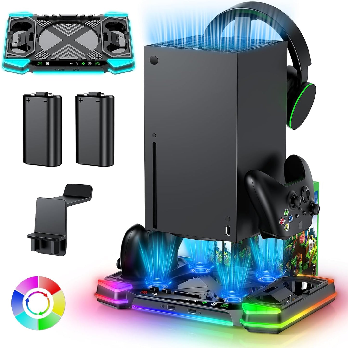 Cooling-Stand-Charging-Station for Xbox Series X Console＆Controller, Cooler Fan Charger Dock for Xbox Series X Accessories with 11 RGB Light Modes,2x1400mAh Rechargeable Batteries,Game Storage