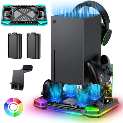 Cooling-Stand-Charging-Station for Xbox Series X Console＆Controller, Cooler Fan Charger Dock for Xbox Series X Accessories with 11 RGB Light Modes,2x1400mAh Rechargeable Batteries,Game Storage
